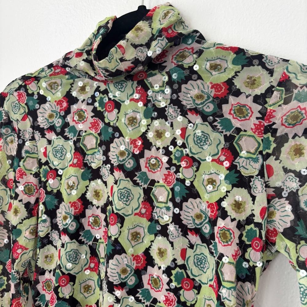 Cinq a Sept Sequin Embellished Shirred Mesh Turtleneck Top Long Sleeve floral - Picture 3 of 9